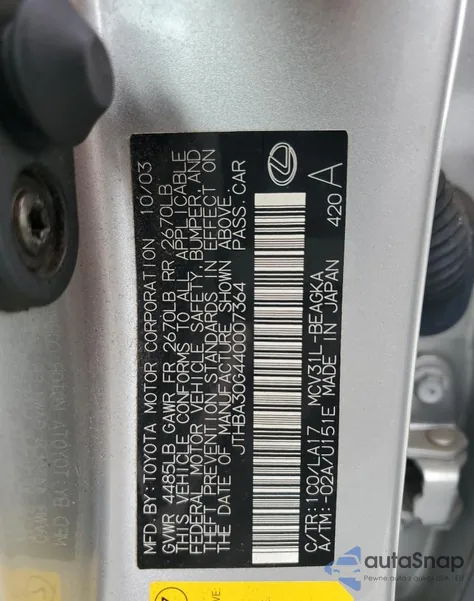 2004 Lexus Es 330 from USA, damaged, VIN JTHBA30G440007364